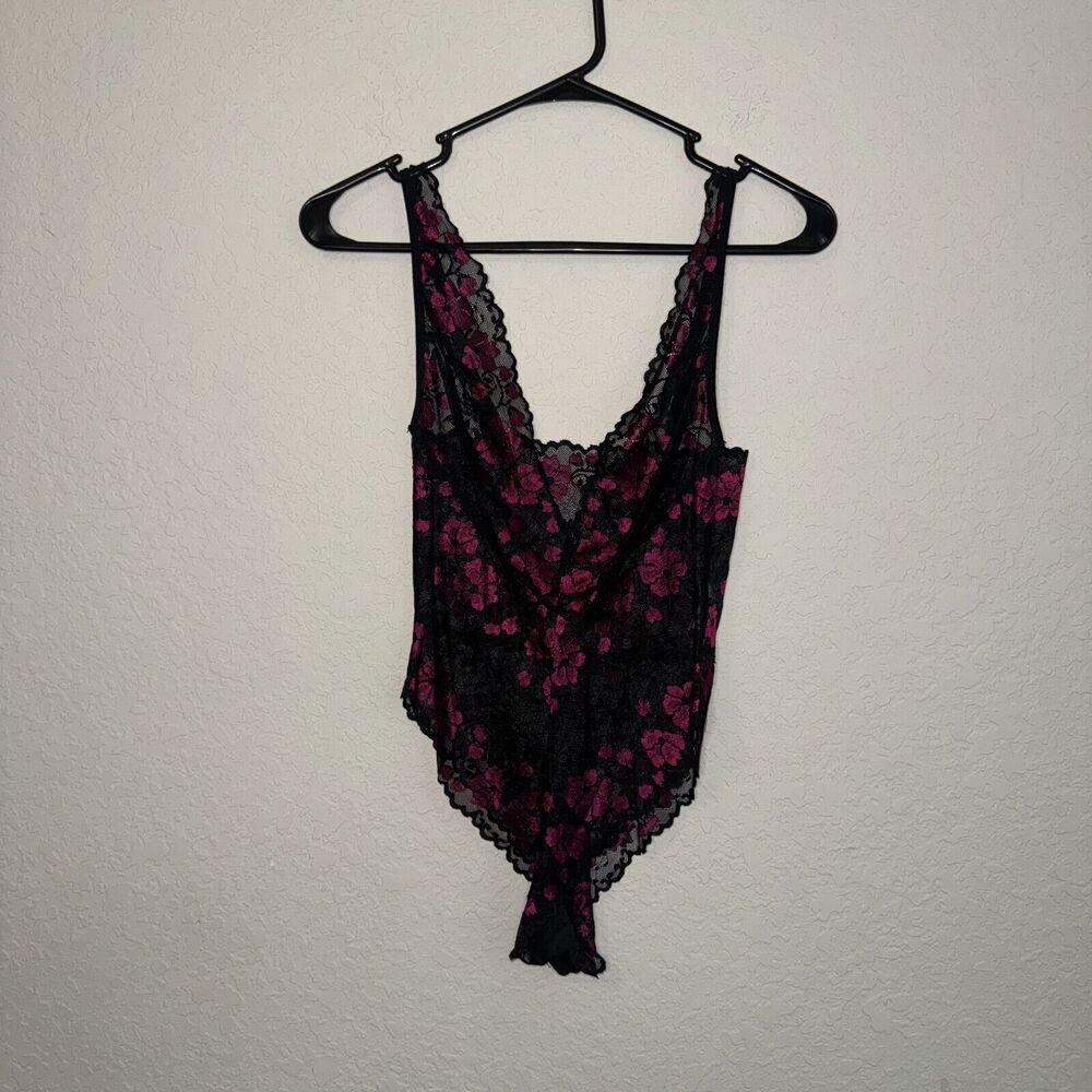Real Lingerie Lace Bodysuit Women's Small‎ Black Floral Nylon Mesh V-Neck